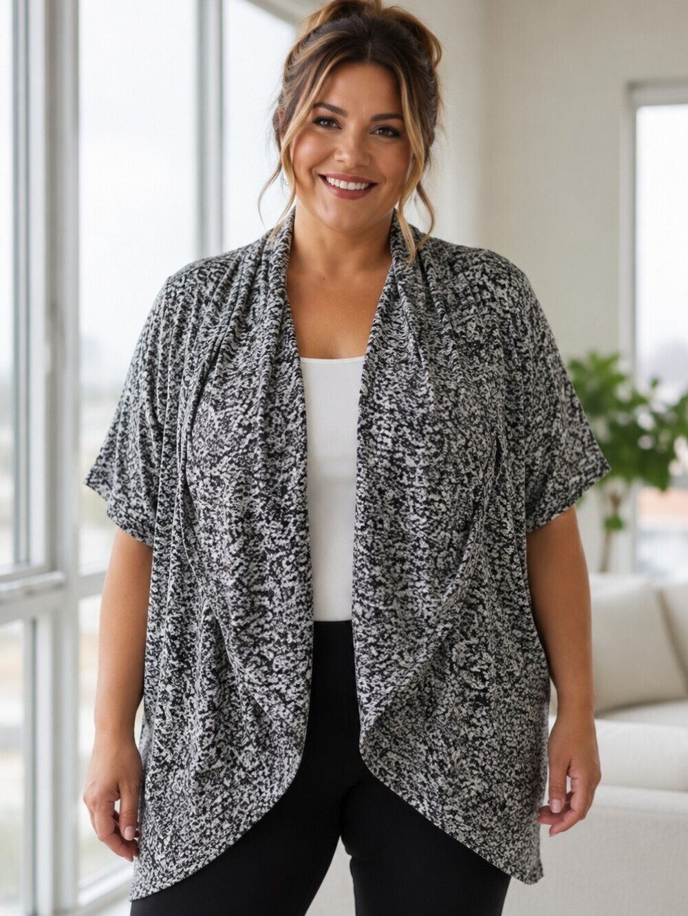 Avenue Marled Black and White Short Sleeve Open Front Cardigan